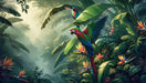 Tropical Jungle Wallpaper Mural | Colorful Parrots and Green Leaves - Carving wallpaper