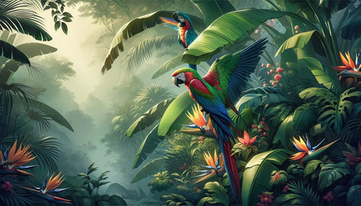 Tropical Jungle Wallpaper Mural | Colorful Parrots and Green Leaves - Carving wallpaper