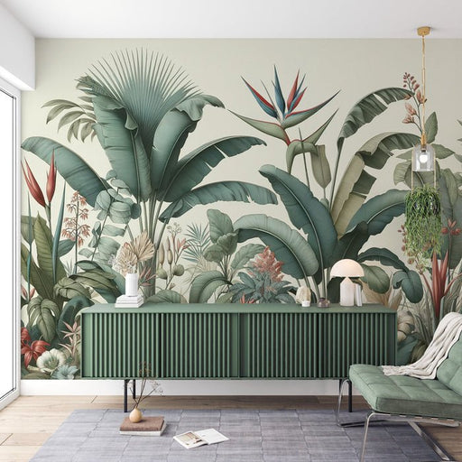 Tropical Jungle Wallpaper Mural | Green and Blue Flower Composition - Carving wallpaper