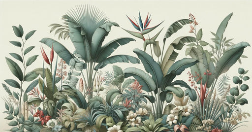 Tropical Jungle Wallpaper Mural | Green and Blue Flower Composition - Carving wallpaper