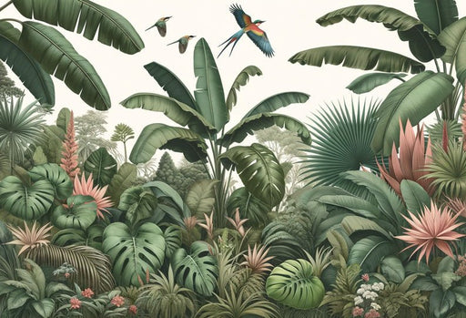 Tropical Jungle Wallpaper Mural | Green Banana Trees and Birds - Carving wallpaper
