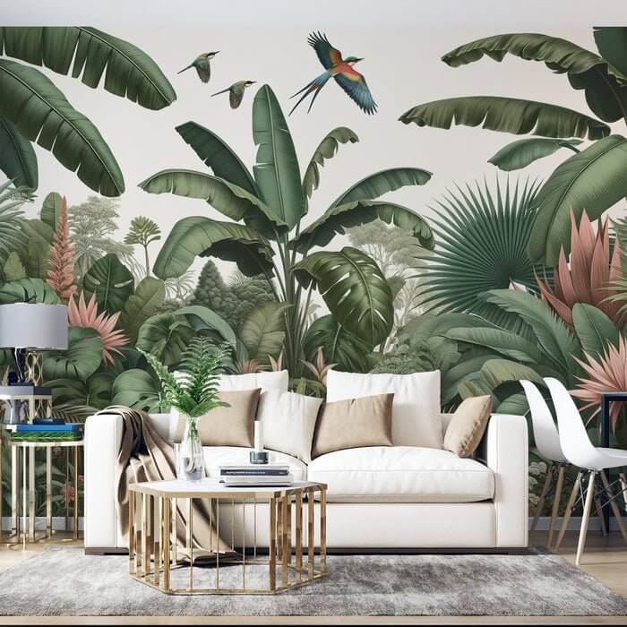 Tropical Jungle Wallpaper Mural | Green Banana Trees and Birds ...
