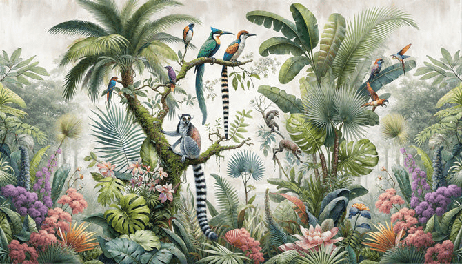 Tropical Jungle Wallpaper Mural | Imaginary Birds and Foxes - Carving wallpaper