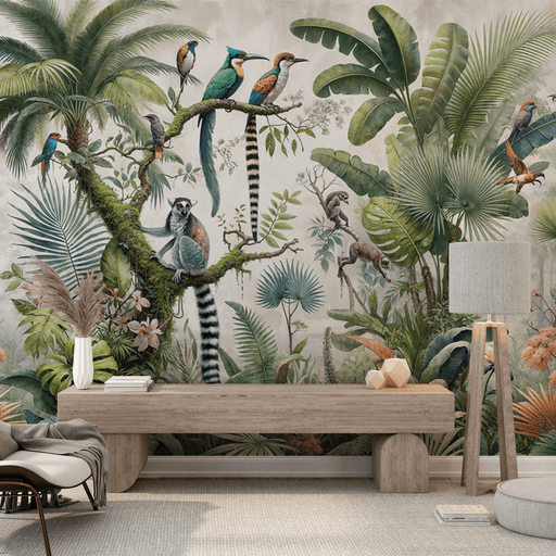 Tropical Jungle Wallpaper Mural | Imaginary Birds and Foxes - Carving wallpaper