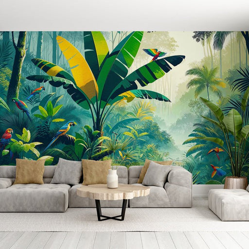 Tropical Jungle Wallpaper Mural | Imagining Parrots with Green and Yellow Leaves - Carving wallpaper