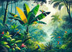 Tropical Jungle Wallpaper Mural | Imagining Parrots with Green and Yellow Leaves - Carving wallpaper