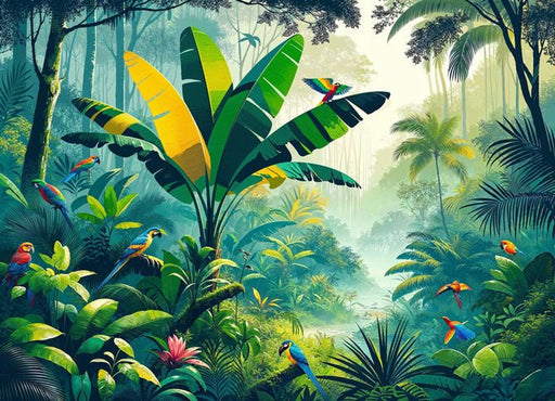 Tropical Jungle Wallpaper Mural | Imagining Parrots with Green and Yellow Leaves - Carving wallpaper