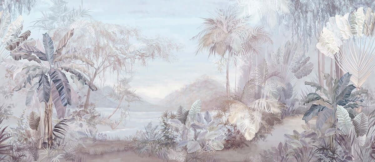 morandi tropical jungle wallpaper featuring light colored plants and hazy rainforest scenery.