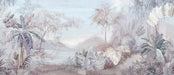 morandi tropical jungle wallpaper featuring light colored plants and hazy rainforest scenery.