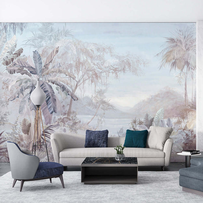 Morandi tropical jungle wallpaper mural in a modern living room with light plants and a serene backdrop.