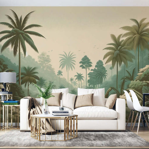 Tropical Jungle Wallpaper Mural | Living Room and Bedroom Decorative Wall - Retro Rainforest Dream natural decor transforms living room into elegant, stylish space with rainforest vibe