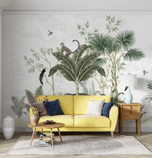 Tropical jungle wallpaper murals | birds and animals fresh and natural - Carving wallpaper