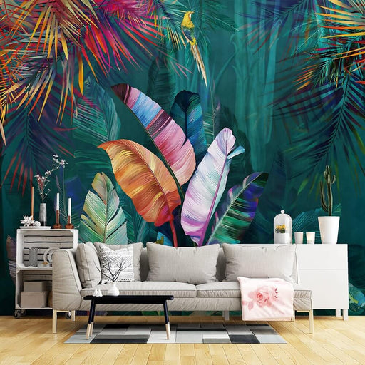 Tropical Leaf Mural Wallpaper | Vibrant Colors, Modern Art with Bird