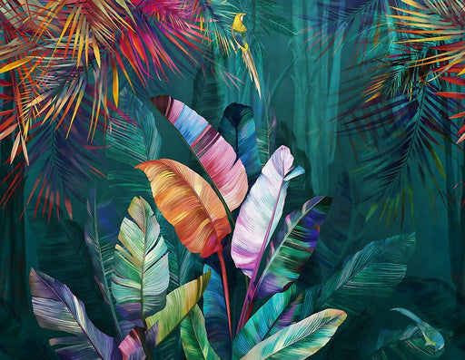 Tropical Leaf Mural Wallpaper | Vibrant Colors, Modern Art with Bird
