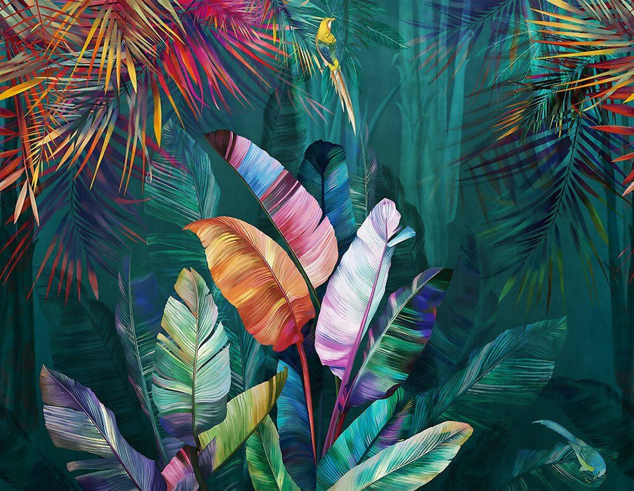 Tropical Leaf Mural Wallpaper | Vibrant Colors, Modern Art with Bird