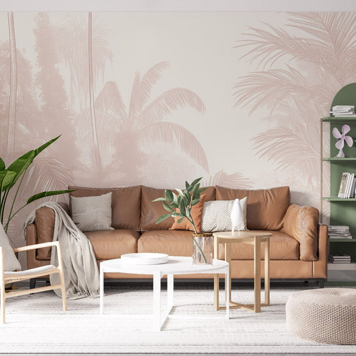 Tropical Leaf Wallpaper Mural | Beige Monochrome - Carving wallpaper