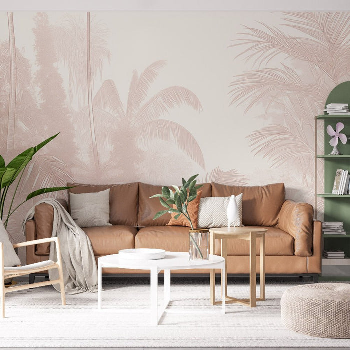 Tropical Leaf Wallpaper Mural | Beige Monochrome - Carving wallpaper