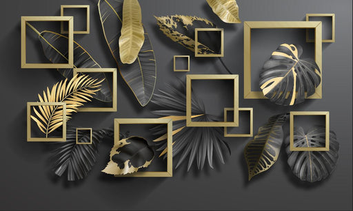 Tropical Leaf Wallpaper Mural | Black Gold Box with Tropical Leaves - Carving wallpaper