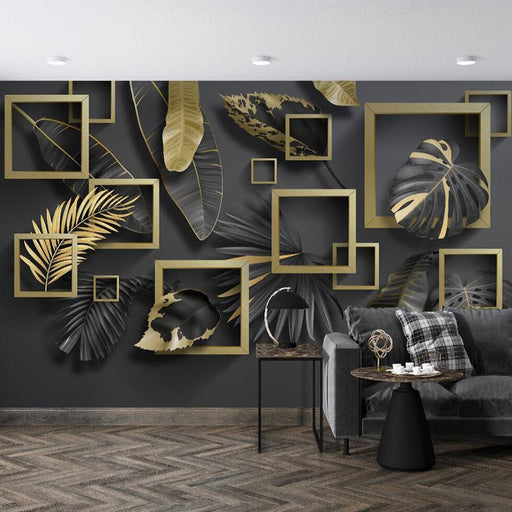 Tropical Leaf Wallpaper Mural | Black Gold Box with Tropical Leaves - Carving wallpaper