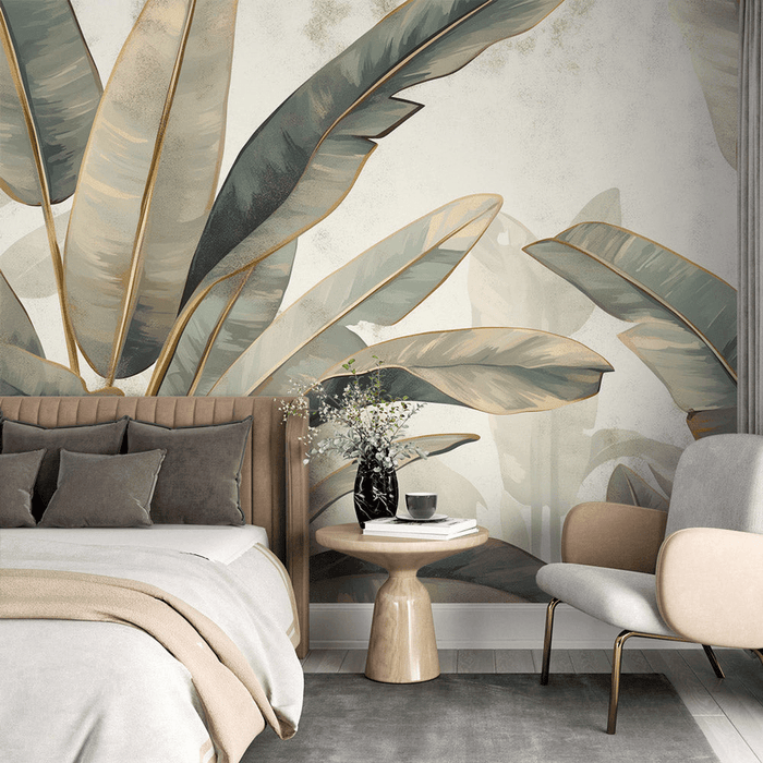 Tropical Leaf Wallpaper Mural | Green & Gold Beige Botanical Decor | Luxury Jungle Theme with oversized tropical leaves and gold detailing in a luxurious bedroom setting