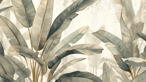 Tropical Leaf Wallpaper Mural | Green & Gold Beige Botanical Decor | Luxury Jungle Theme with oversized blue-green banana-like leaves, gold detailing and textured beige background