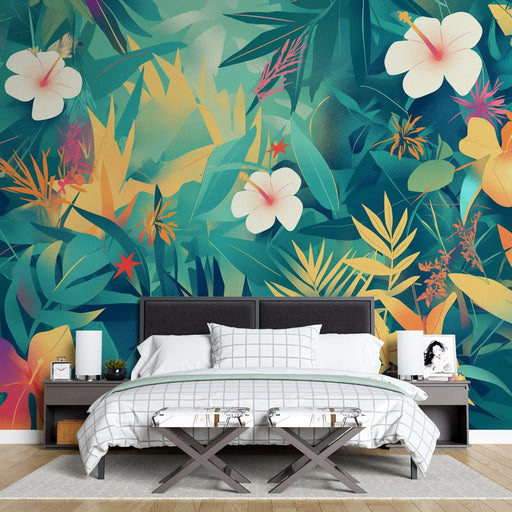 Tropical leaf wallpaper mural | Multi colored vegetation - Carving wallpaper