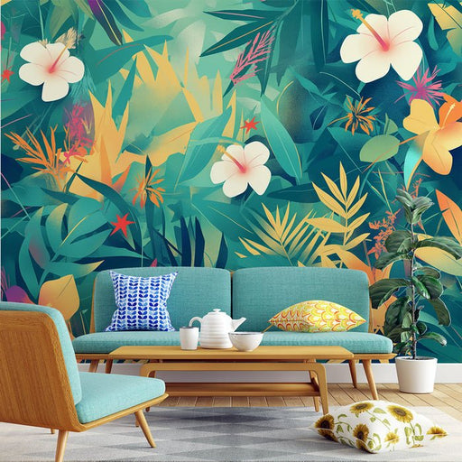 Tropical leaf wallpaper mural | Multi colored vegetation - Carving wallpaper