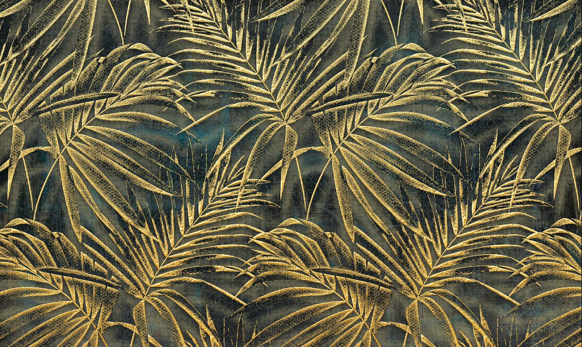 Tropical leaf wallpaper mural | palm leaf pattern in gold on dark background - Carving wallpaper
