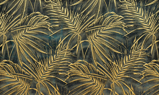 Tropical leaf wallpaper mural | palm leaf pattern in gold on dark background - Carving wallpaper