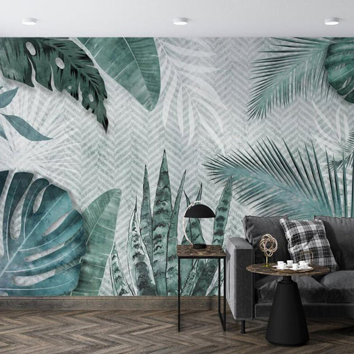 Tropical Leaf Wallpaper Mural | Tropical Leaf Green Plant Wind Mural - Carving wallpaper