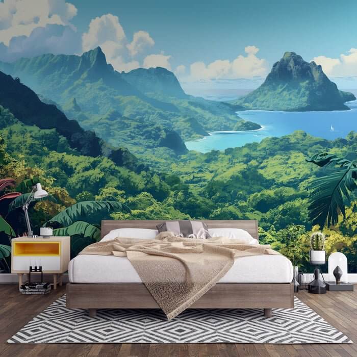 Tropical mountain and sea scenery wallpaper murals - a hand-drawn style bedroom mural featuring lush tropical plants, deep blue ocean, majestic mountains for a tranquil vacation mood