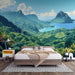 Tropical mountain and sea scenery wallpaper murals - a hand-drawn style bedroom mural featuring lush tropical plants, deep blue ocean, majestic mountains for a tranquil vacation mood