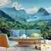 Tropical mountain and sea scenery wallpaper murals - vibrant hand-drawn style tropical landscape mural featuring lush plants, blue ocean, majestic mountains for bedroom decor