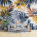 Tropical palm leaf wallpaper mural | Blue, brown, yellow and other colors - Carving wallpaper