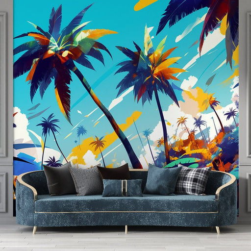 Tropical Palm Wallpaper Mural | Colorful Seaside Scenery - Carving wallpaper