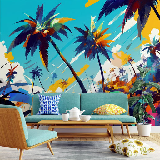 Tropical Palm Wallpaper Mural | Colorful Seaside Scenery - Carving wallpaper