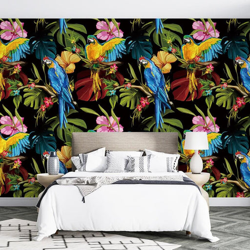 Tropical Parrot Flower Wallpaper Mural | Retro Art Decoration in Living Room and Bedroom