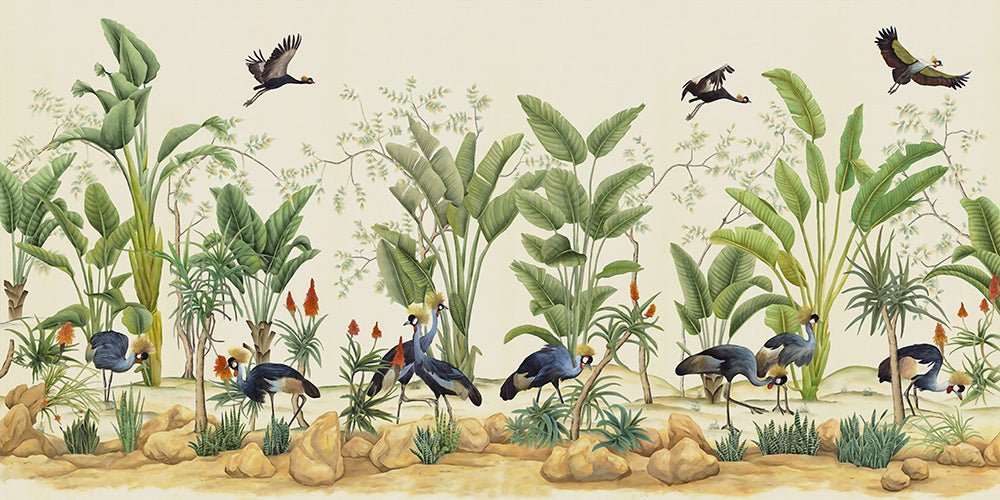 Tropical Plant Flamingo Wallpaper Mural | Dynamic Parrot and Pink Flamingo - Carving wallpaper