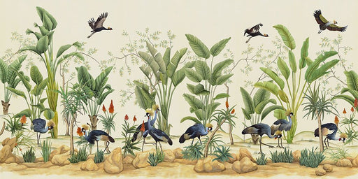 Tropical Plant Flamingo Wallpaper Mural | Dynamic Parrot and Pink Flamingo - Carving wallpaper