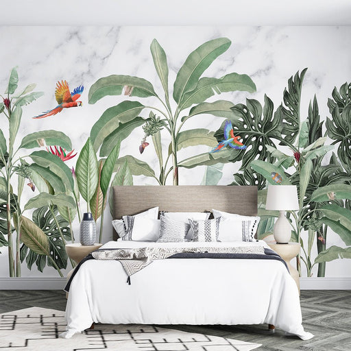 Tropical plant flamingo wallpaper mural | Marble patterned green plant wallpaper - Carving wallpaper