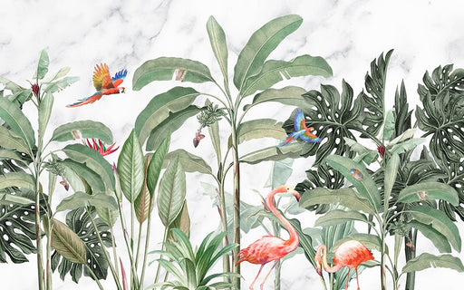 Tropical plant flamingo wallpaper mural | Marble patterned green plant wallpaper - Carving wallpaper