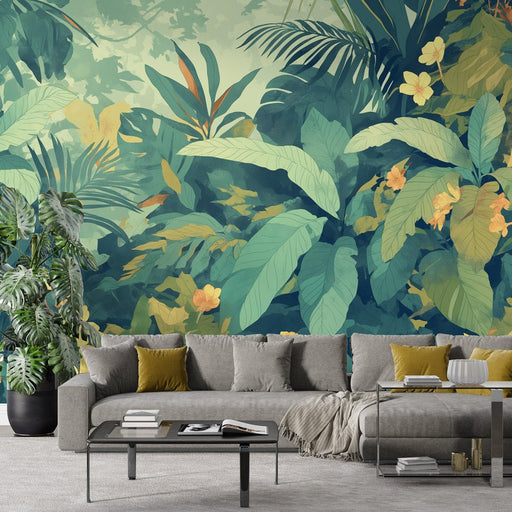 Tropical Plant Flower Wallpaper Mural | Deep Green Warm Yellow Tone - Carving wallpaper