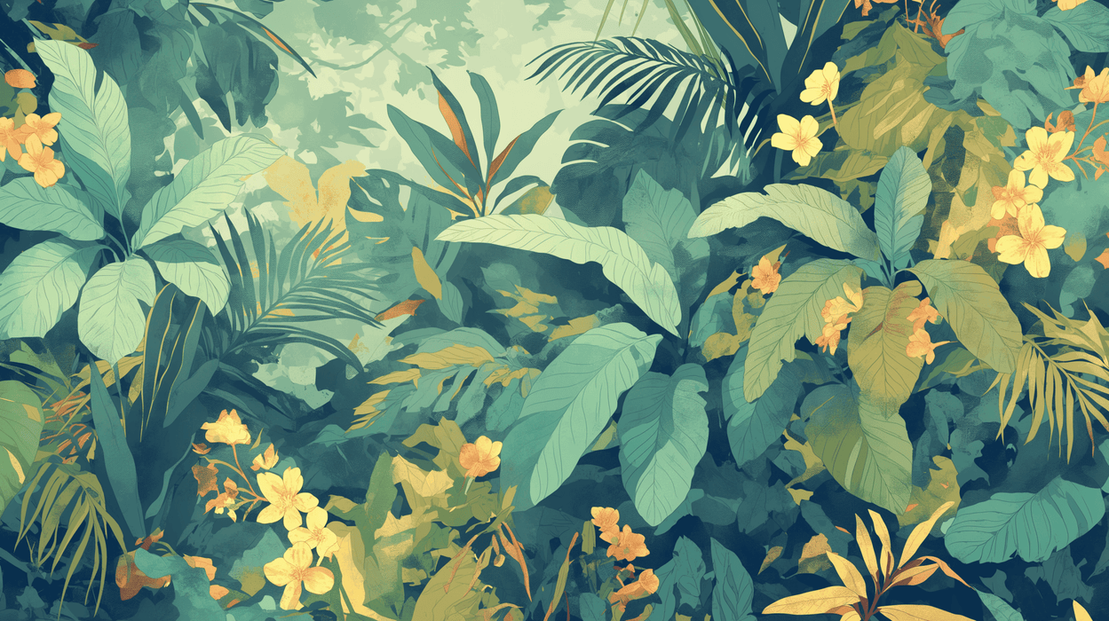 Tropical Plant Flower Wallpaper Mural | Deep Green Warm Yellow Tone - Carving wallpaper