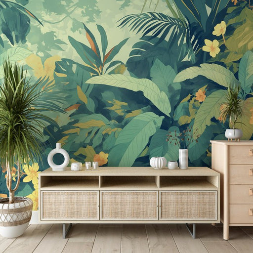Tropical Plant Flower Wallpaper Mural | Deep Green Warm Yellow Tone - Carving wallpaper