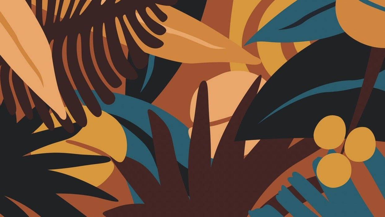 Tropical plant geometric wallpaper mural | Dark brown, bright yellow, and lake blue - Carving wallpaper