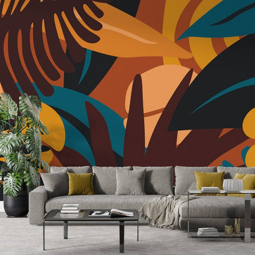 Tropical plant geometric wallpaper mural | Dark brown, bright yellow, and lake blue - Carving wallpaper