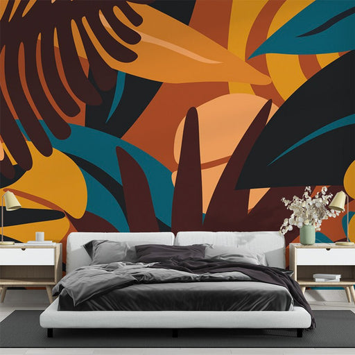 Tropical plant geometric wallpaper mural | Dark brown, bright yellow, and lake blue - Carving wallpaper