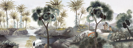 Tropical Plant Landscape Wallpaper Mural | Palm Trees, Egrets, and Rivers - Carving wallpaper