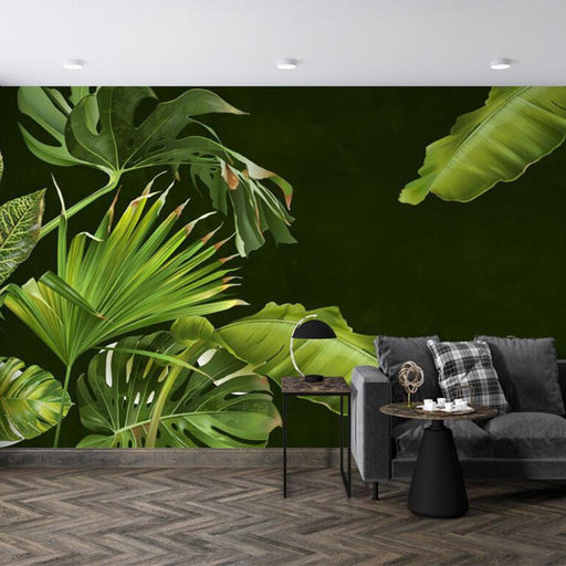 Tropical plant leaf mural | Fresh green broad - leaved wallpaper - Carving wallpaper