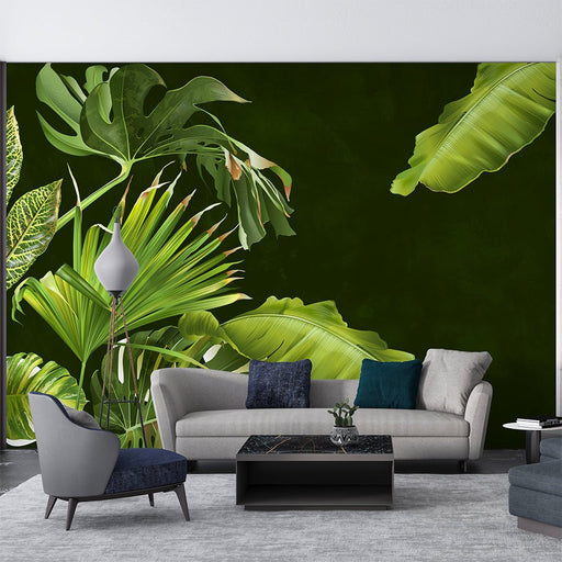 Tropical plant leaf mural | Fresh green broad - leaved wallpaper - Carving wallpaper